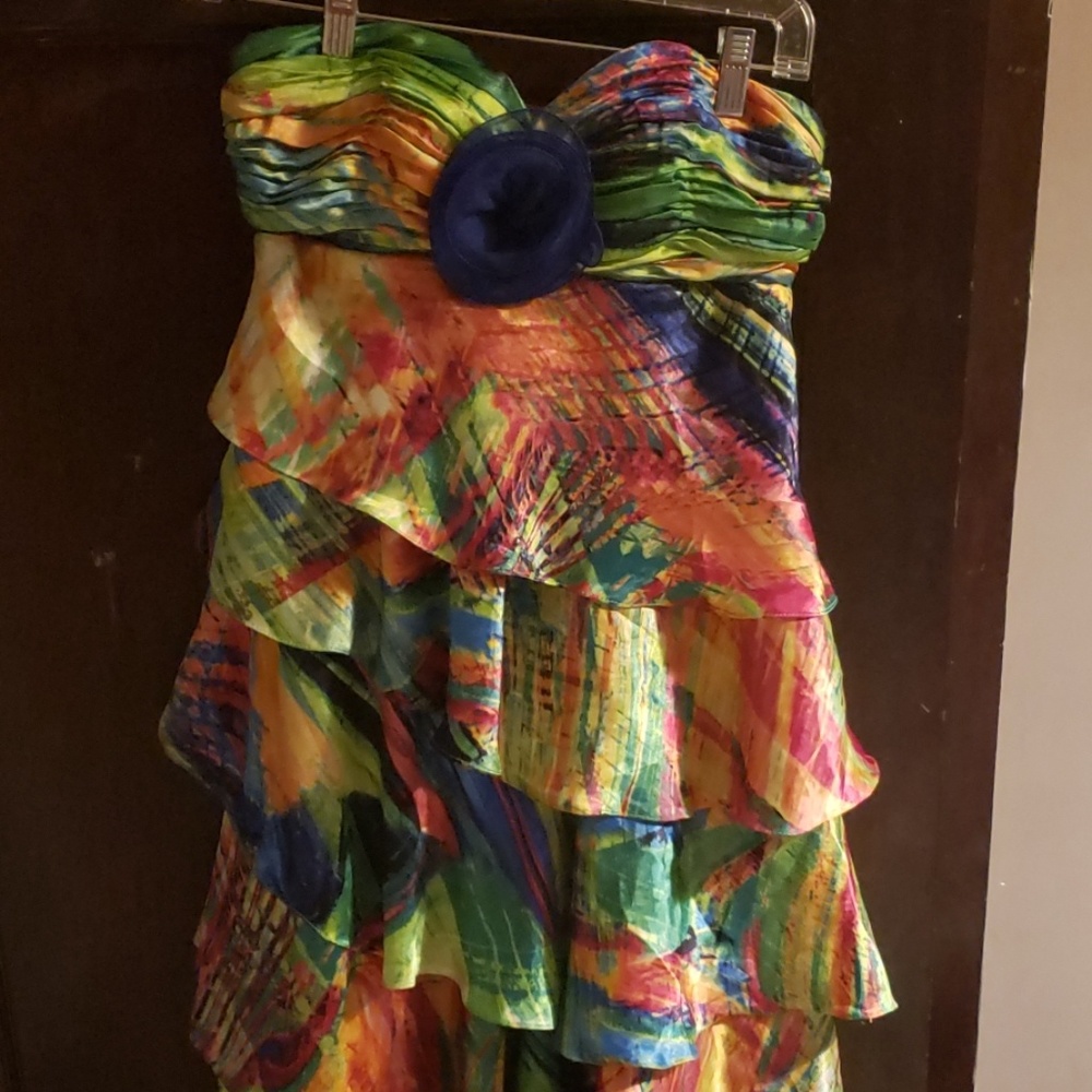Multi-colored, strapless prom dress